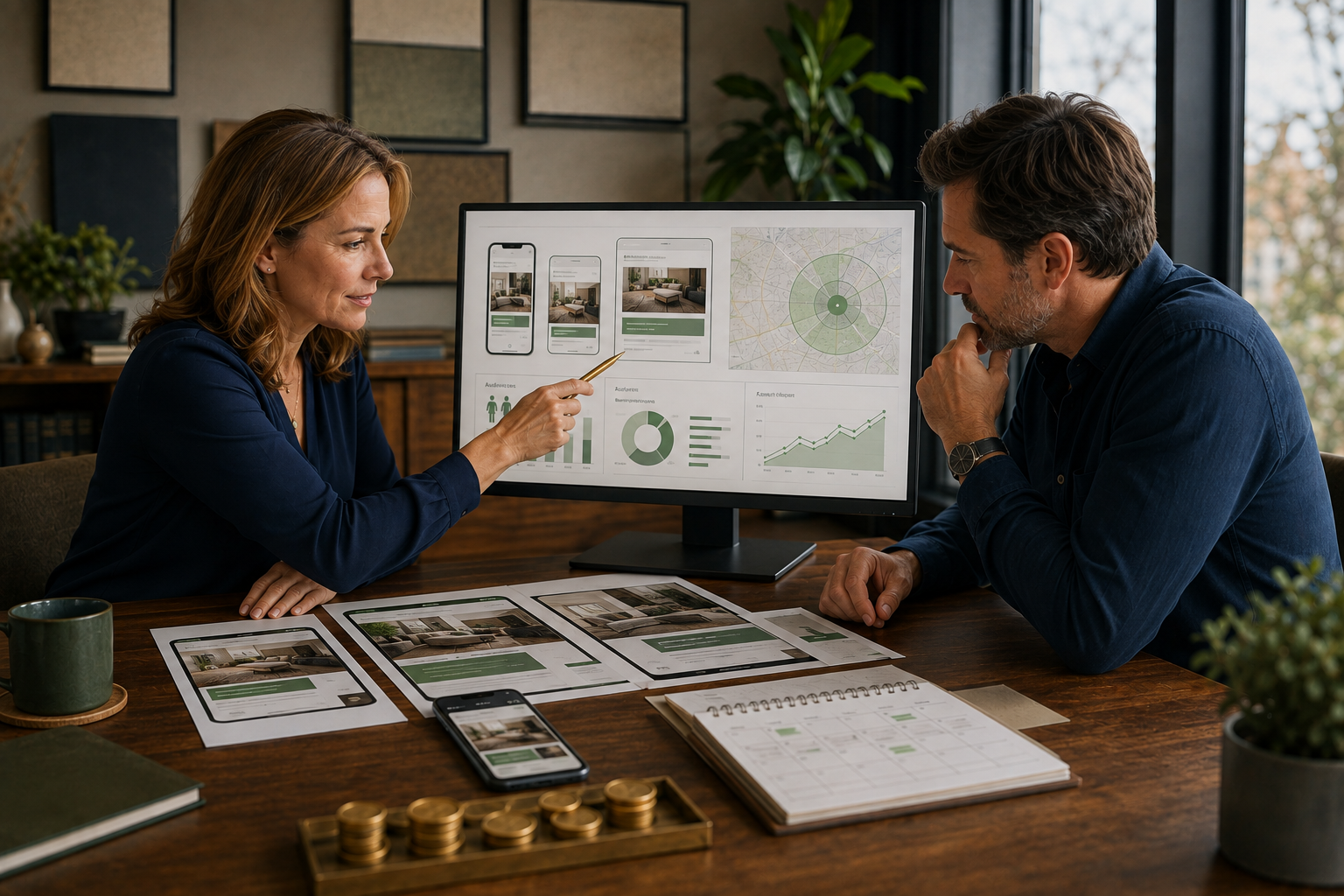 Business owner reviewing advertising options and budget on a screen