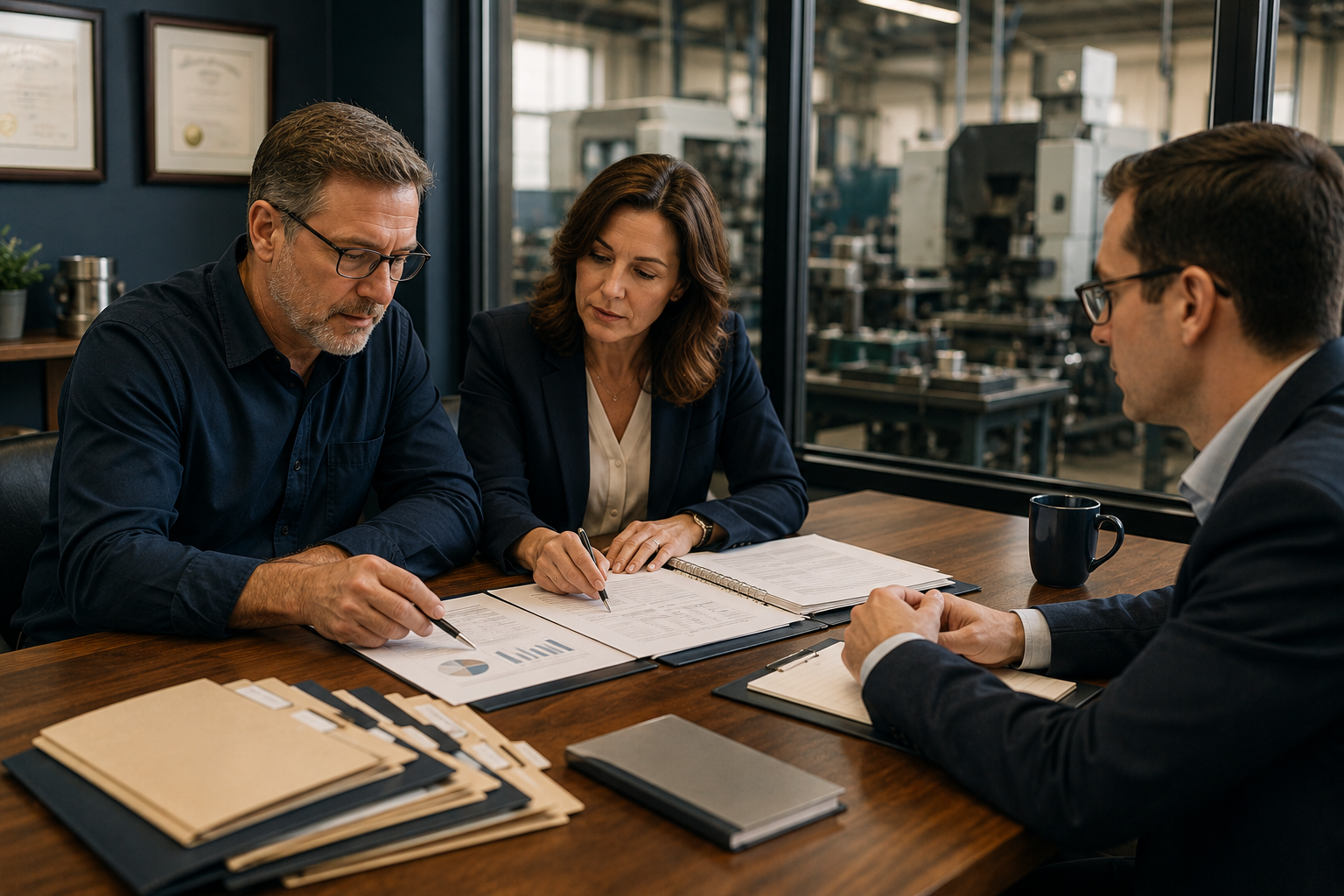 Small business owner reviewing financial records with a bookkeeper before hiring