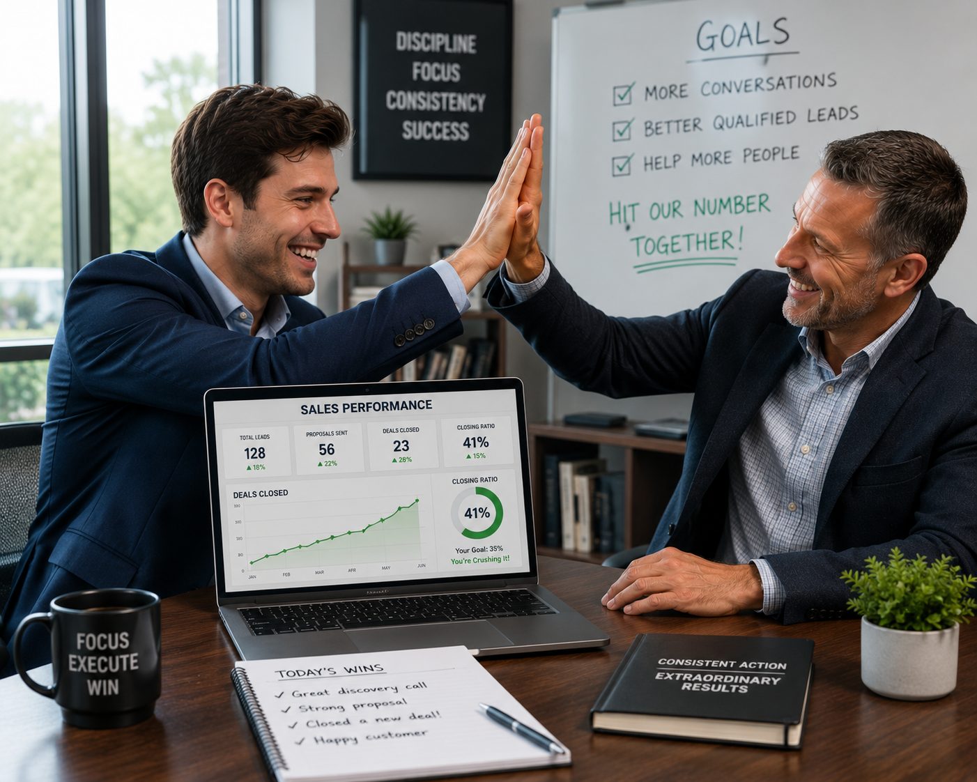 A salesperson high-fiving a manager