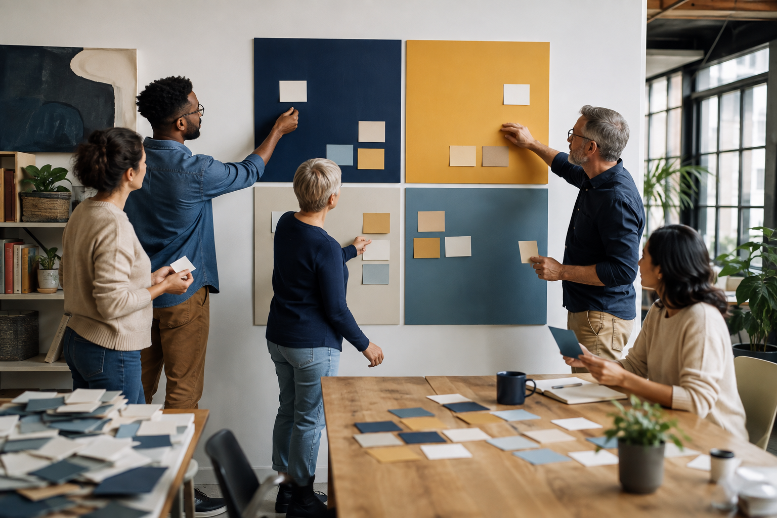 Team members collaborating in an office that reflects a strong company culture