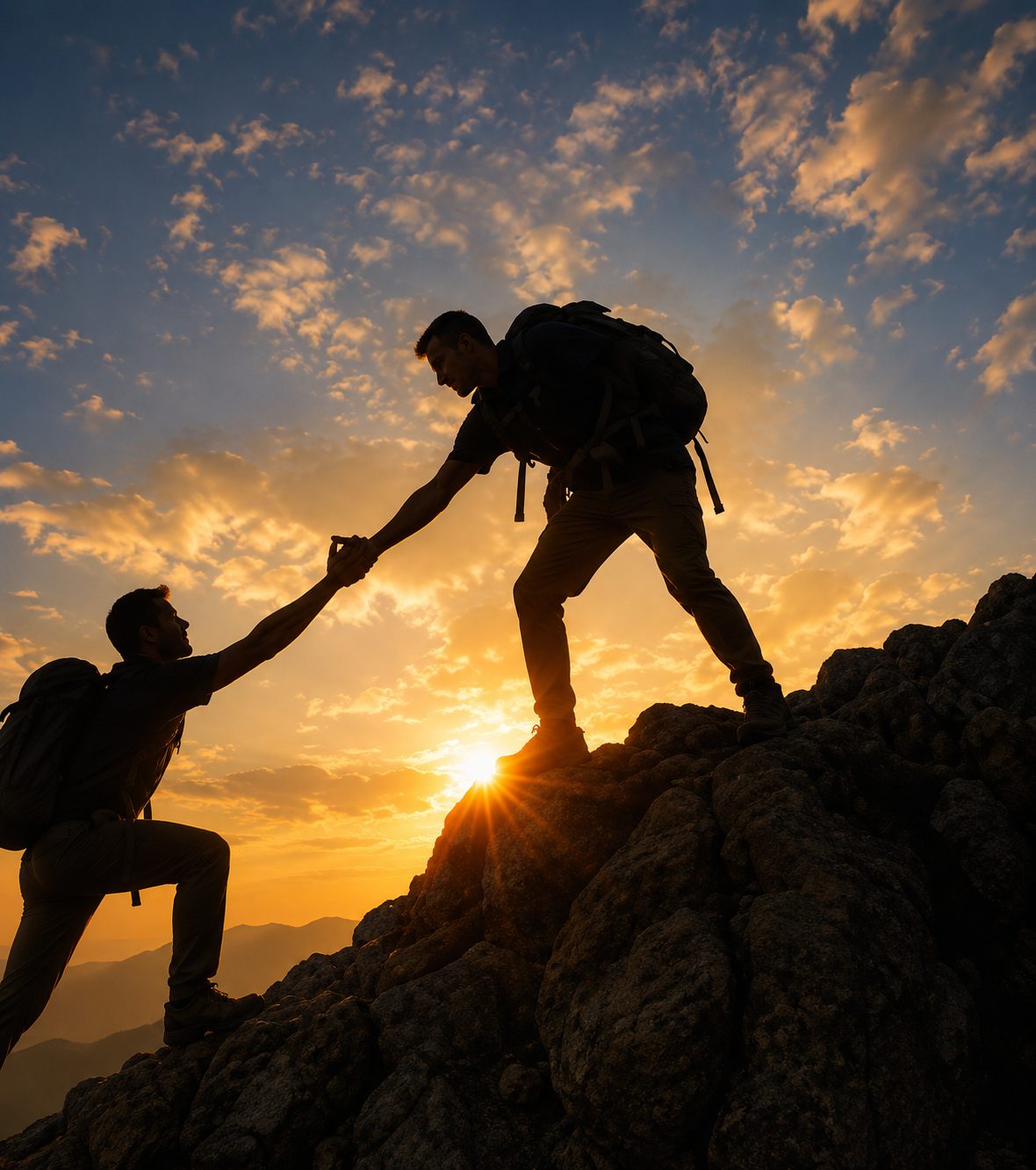 Two climbers helping each other up a mountain at sunset