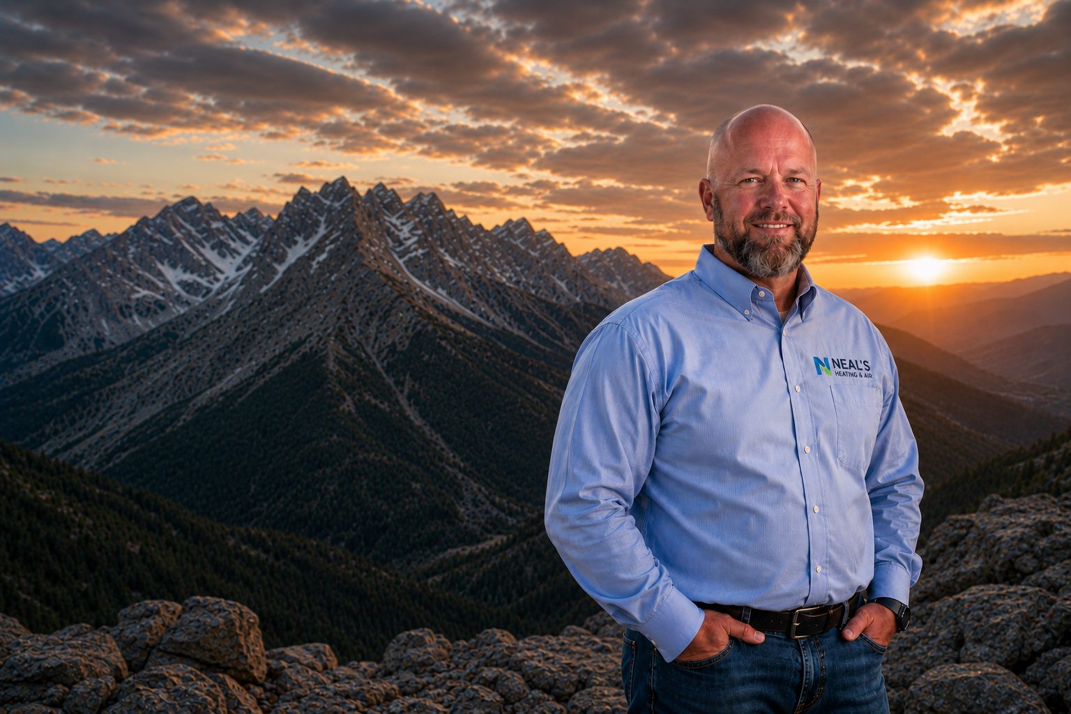 Nathan Neal of Neal's Heating and Air standing on a mountain summit at sunset