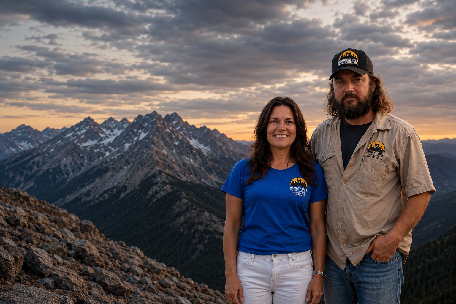 Toni and West Leverett of Bradley Tree Service standing on a mountain summit at sunset