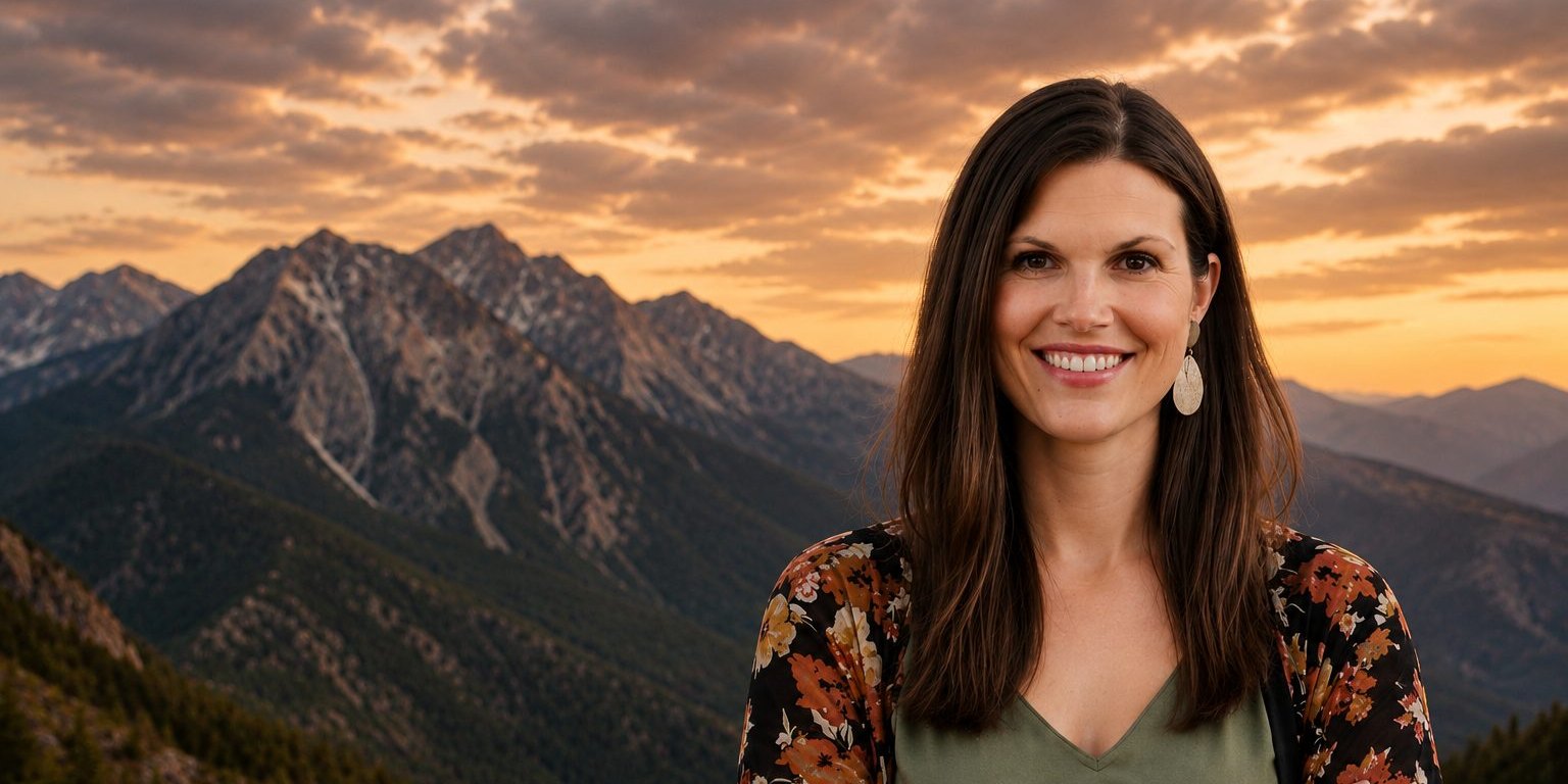 Genette Dugger of Creative Revolver standing on a mountain summit at sunset