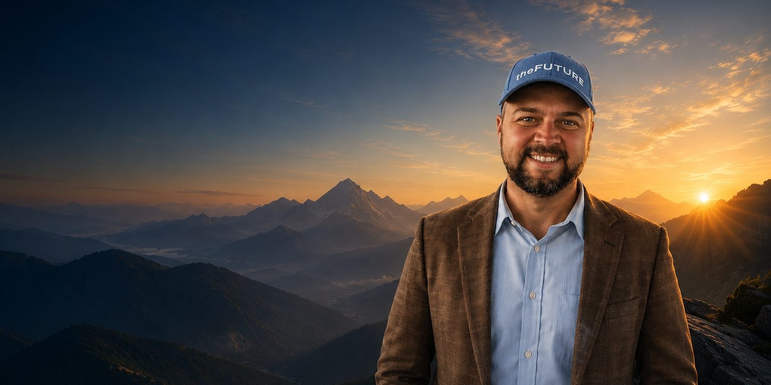Justin Cox of Cox Concrete standing on a mountain summit at sunset