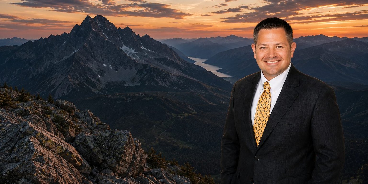 Matt Carlson of Boundless Moving standing on a mountain summit at sunset