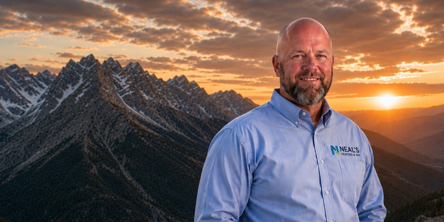 Nathan Neal of Neal's Heating and Air standing on a mountain summit at sunset