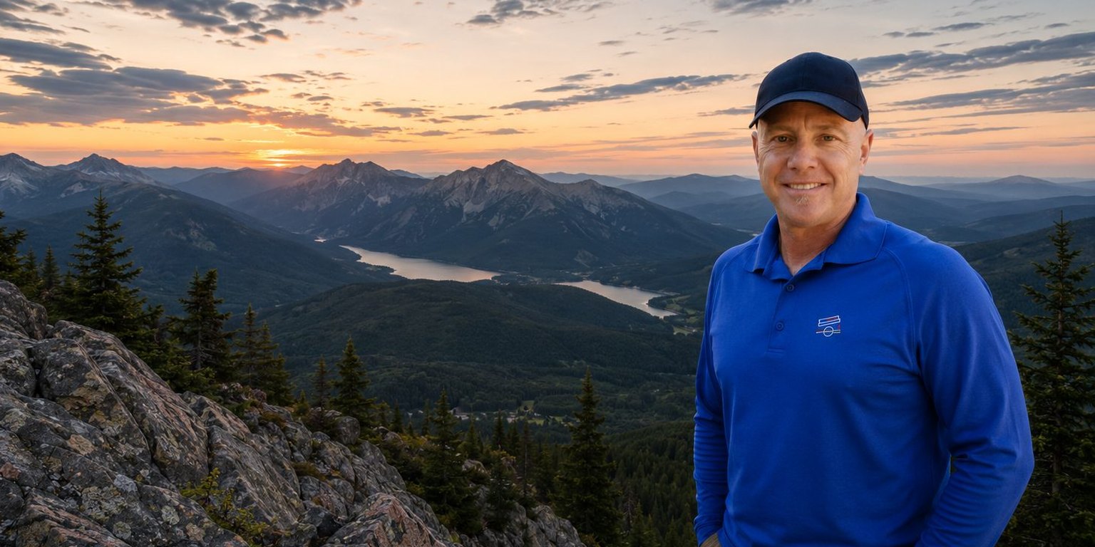 Phil Monroe of The Appliance Doctor standing on a mountain summit at sunset