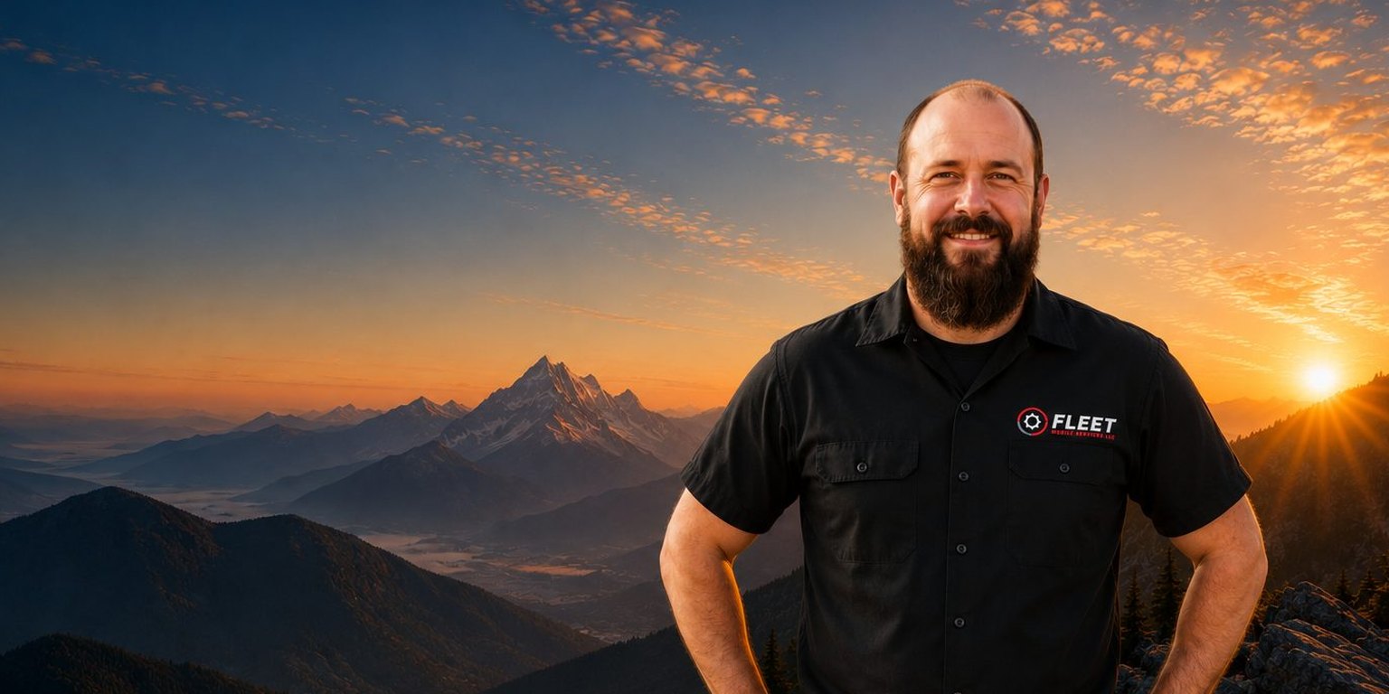 Ryan Pappas of Fleet Mobile Services standing on a mountain summit at sunset