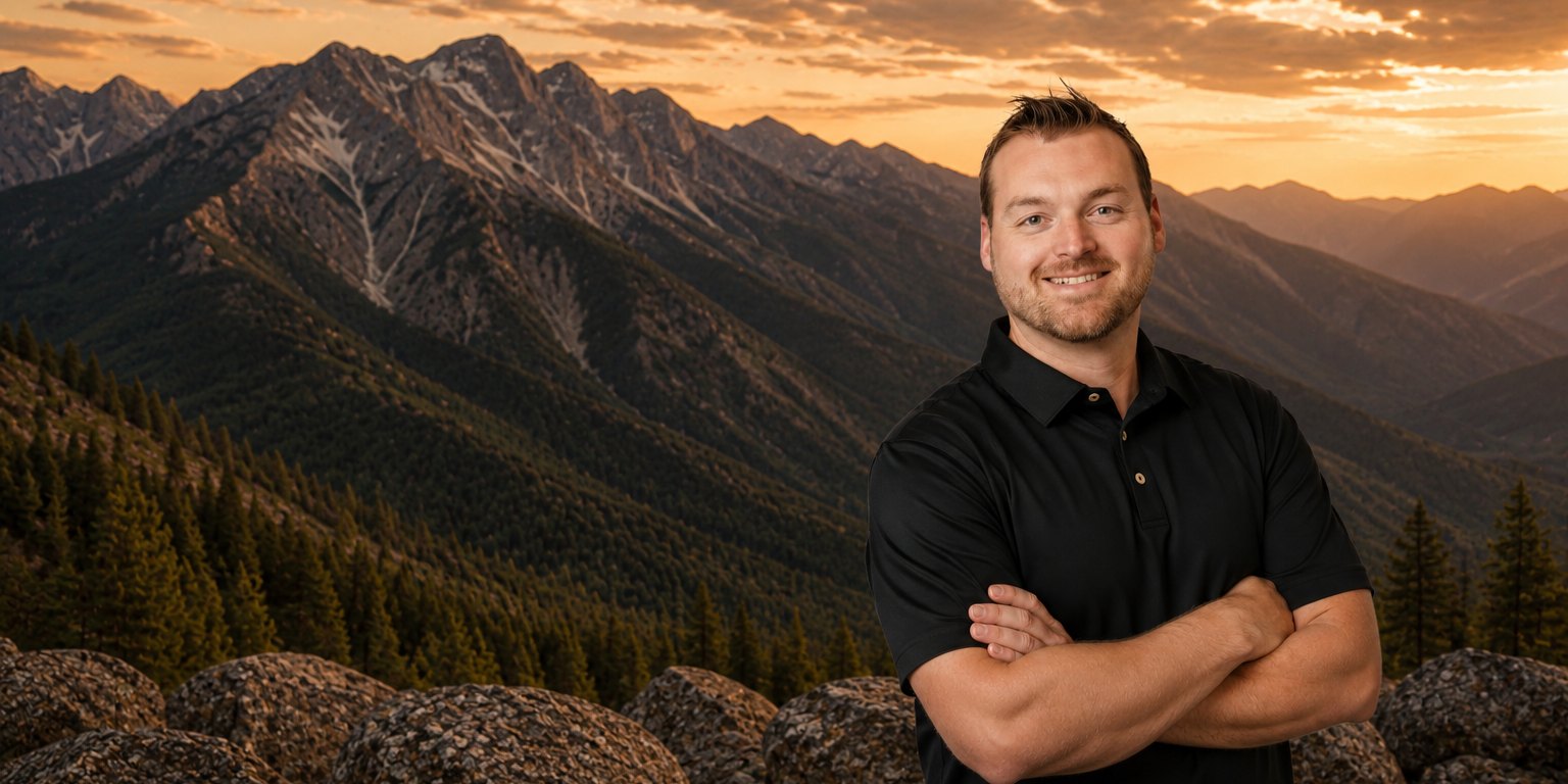Thomas Loy of Loy's Pools and Loy's Landscaping standing on a mountain summit at sunset