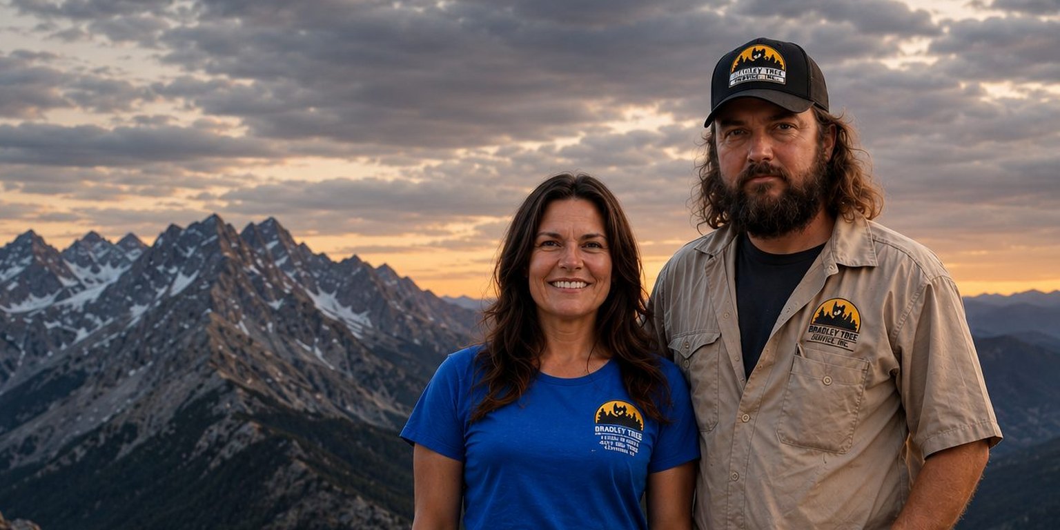 Toni and West Leverett of Bradley Tree Service standing on a mountain summit at sunset