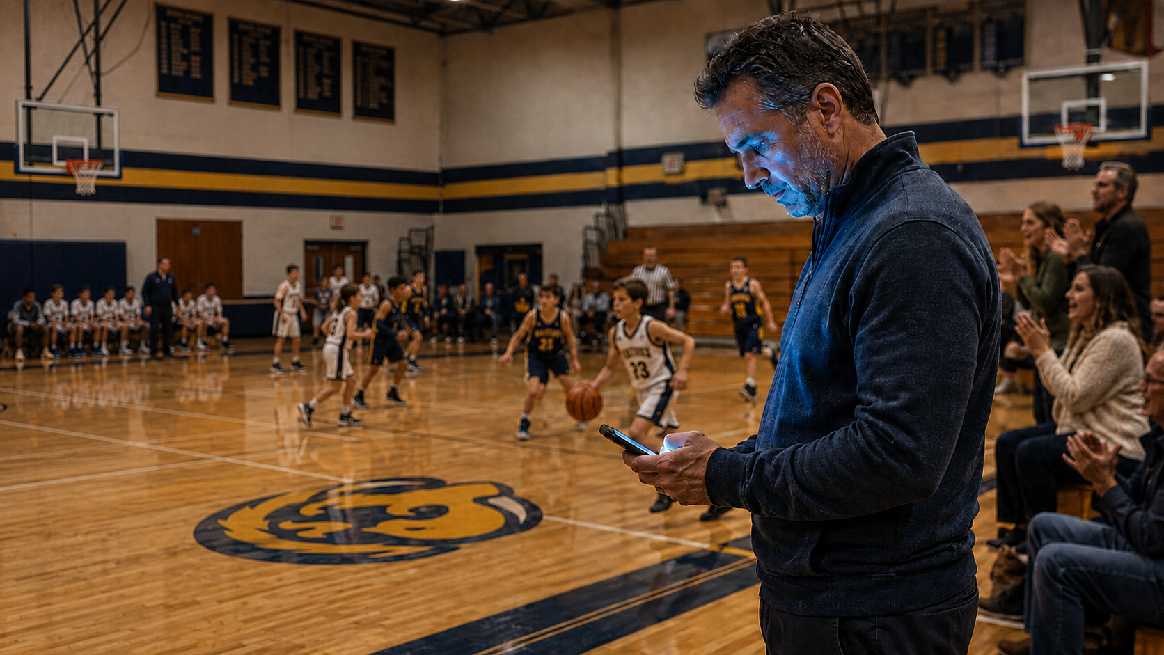 Business owner checking phone on the sideline instead of watching his kid's game